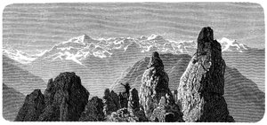 Mountain summit called Pierre a Voir near the baths of Saxon in Valais, Swiss Alps. Illustration by Emile Bayard for Albert Dupaigne