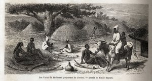 Preparation of ivory, for a Turkish trader, Uganda, drawing by Emile Bayard (1837-1891), illustrating Captain Speke