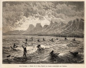 Surfing, the practice of Hawaiian favorite game, here by women, in balance, standing or sitting, on the board, on the crest of the waves, who bring them back to the beach (engraving after Emile Bayard