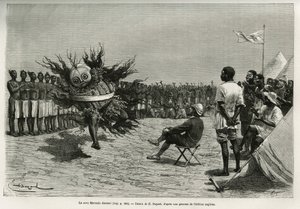 The Sova Mavanda (king), surrounded by his men who psalmodize a monotonous song, dancing in front of the major. Engraving by Emile Bayard, to illustrate the story how I