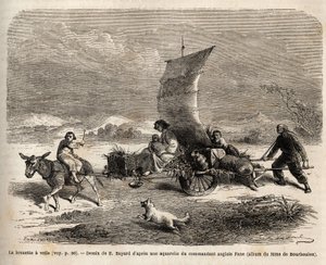 The sail wheelbarrow, locomotion system used in northern China, drawing by E. Bayard, illustrating the journey from Shanghai to Moscow by Emile Antoine Bayard