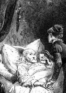 Young woman looking after an old man dying in his bed, under a crucifix hanging from the wall. The dying man holds his last recommendations (will) by hand. (detail)