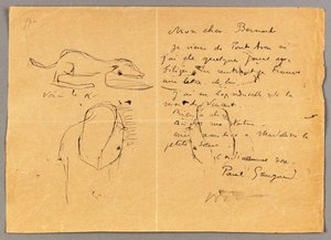 Letter to Emile Bernard with three ink sketches, noting the death of "Vincent", Tahiti