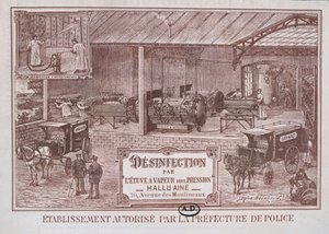 Poster advertising Machinery for Disinfection by Steam produced by Hallu Aine, end nineteenth century by Emile Bourdelin