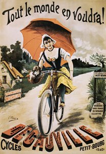 Vintage Poster of Woman Riding Bicycle Holding Red Umbrella
