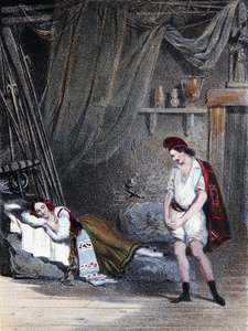 Scene depicting the mute girl Fenella asleep in a hut with her brother Masaniello: act IV from the opera 