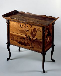 Art Nouveau style commode with polychrome inlays and tray top by Emile Galle
