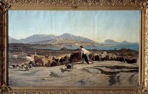 View of Marseille taken from the Aygalades, a day walk. In the foreground of young shepherds with the herd. Painting by Emile Loubon (1809-1863) 1853