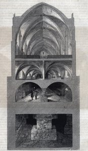 Cross section of the Napoleon high school in Paris (today, Lycee Henri IV). From top to bottom: the refectory, the kitchen, the cellars, the catacombs. Engraving by Therond. In 