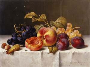 Grapes, Peaches, Plums and Nuts on a Draped Table