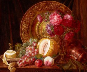 Chrysanthemums, Fruits and Plate