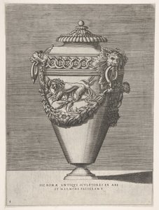 Antique Lidded Urn Decorated with a Motif of Diamond Rings and Lions, from Vases by Enea Vico