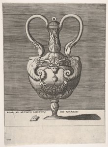 Antique Lidded Vase with Two Handles emerging from the Heads of Hybrid Female Sphinxes by Enea Vico