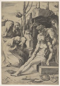 Entombment of Christ, whose chest is grasped by Joseph of Arimathea, with two kneeling figures by Enea Vico