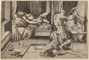 Venus Reclining with Vulcan at His Forge by Enea Vico after Parmigianino