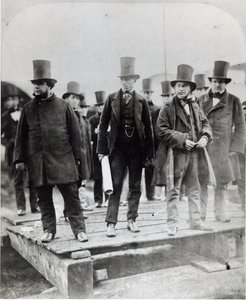 (L to R) John Scott Russell, Henry Wakefield, Isambard Kingdom Brunel and Lord Derby at the launch of the SS Great Eastern by English Photographer