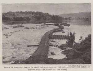 Bridge of Sleepers, taken up from the Main Line of the Natal Government Railways, thrown over the Tugela by the Boers by English Photographer