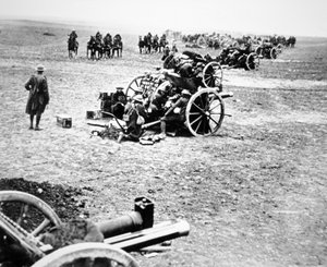 British 18-pounder field guns in action on the Western Front