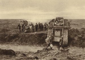 British tank squadron passing artillery positions at Graincourt on their way to attack Bourlon Wood, Battle of Cambrai, France, World War I, November 1917 by English Photographer