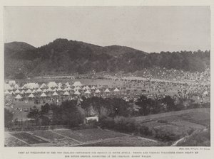 Camp at Wellington of the New Zealand Contingent for Service in South Africa, Troops and Visiting Volunteer Corps drawn up for Divine Service, conducted by the Chaplain, Bishop Wallis by English Photographer