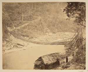 Cane suspension bridge over the Teesta, heading into Bhootan. Views of Darjeeling. 1870