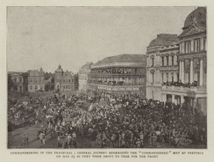 Commandeering in the Transvaal, General Joubert Addressing the Commandeered Men at Pretoria on 23 May as They Were About to Trek for the Front by English Photographer