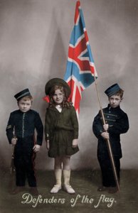 Defenders of the Flag, three children in uniform with the Union Jack by English Photographer