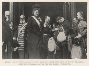 Departure of the Czar and Czaritsa from the Peter Paul Church, Nevsky Prospect, after the Memorial Service for the Empress Frederick by English Photographer