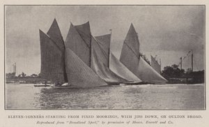 Eleven-Tonners starting from Fixed Moorings, with Jibs down, on Oulton Broad by English Photographer