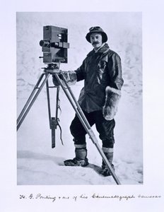 Herbert Ponting with a cinematographic camera on the Terra Nova expedition to the South Pole lead by Captain Scott, 1910-12