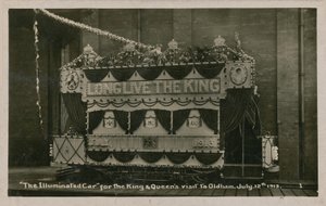 Illuminated tram to commemorate the visit of the King and Queen to Oldham, 12 July 1913 by English Photographer