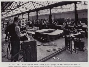 Illustrating the Brazing of Petrol-Tank Straps, Using Air and Coal-Gas Blowpipes (black and white photo) by English Photographer
