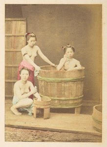 [Japanese] Girls bathing, Studio tableau of three half-naked young Japanese women, posed in and around a circular wooden bath tub by English Photographer