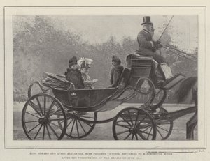 King Edward and Queen Alexandra, with Princess Victoria, returning to Marlborough House after the Presentation of War Medals on 12 June by English Photographer