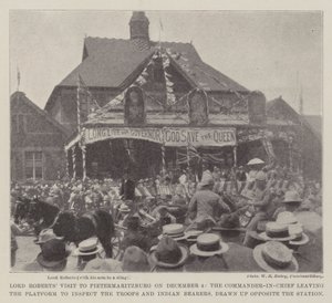 Lord Roberts Visit to Pietermaritzburg on 4 December, the Commander-in-Chief leaving the Platform to inspect the Troops and Indian Bearers, drawn up opposite the Station by English Photographer