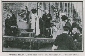 Madame Melba laying her voice on record in a corner-stone by English Photographer