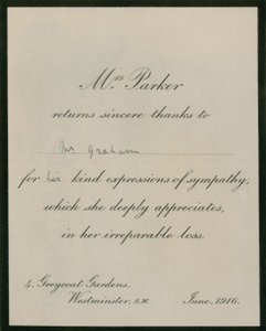 Mrs Parker returns sincere thanks to Mr Graham by English Photographer