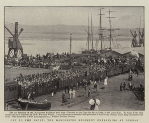 Off to the Front, the Manchester Regiment entraining at Durban by English Photographer