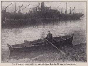 Postman whose delivery extends from London Bridge to Limehouse in a boat on the River Thames, London by English Photographer