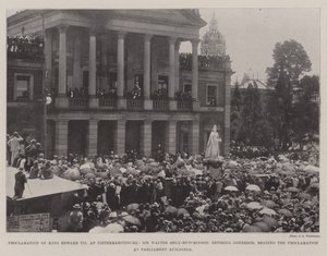 Proclamation of King Edward VII at Pietermaritzburg, Sir Walter Hely-Hutchinson, Retiring Governor, reading the Proclamation at Parliament Buildings by English Photographer