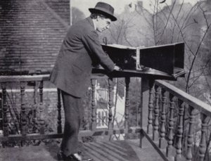 Professor A M Low, with the audiometer which he invented to photograph noise by English Photographer