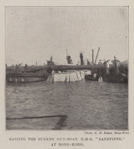 Raising the Sunken Gun-Boat, HMS Sandpiper, at Hong-Kong by English Photographer