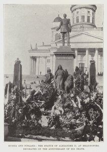 Russia and Finland, the Statue of Alexander II at Helsingfors, decorated on the Anniversary of his Death by English Photographer
