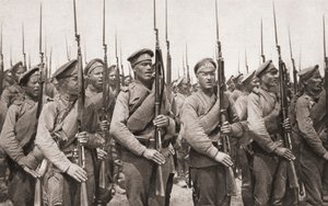 Russian Infantry on Parade and Presenting Arms During World War One, from The Illustrated War News, 1915 by English Photographer