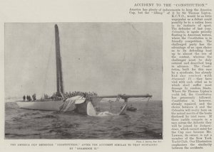The America Cup Defender Constitution, after the Accident similar to that sustained by Shamrock II by English Photographer