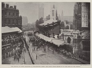The Arrival of Their Majesties at Westminster Abbey, the State Coach drawn up at the Door of the Annexe by English Photographer