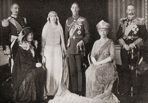 The British Royal Family at the wedding of The Duke and Duchess of York, 1923, from The Story of Twenty Five Years, published 1935