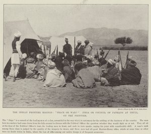 The Indian Frontier Risings, Peace or War? Jirga or Council of Pathans at Thull, on the Frontier by English Photographer