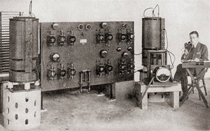 The first broadcast transmitter operated in Great Britain, installed at the Marconi Works, Chelmsford, in 1919 and 1920, from The Story of Twenty Five Years, published 1935 by English Photographer