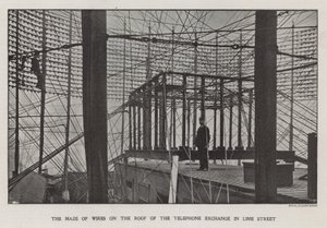 The maze of wires on the roof of the Telephone Exchange in Lime Street by English Photographer